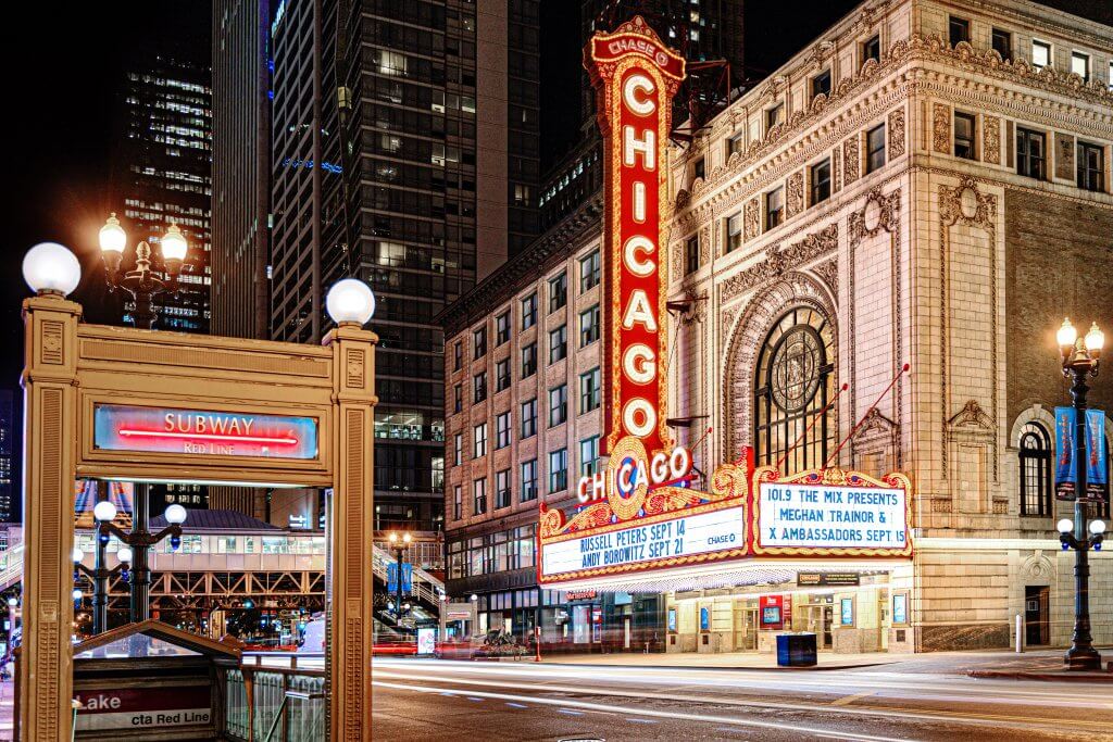 night time shot of the chicago theater