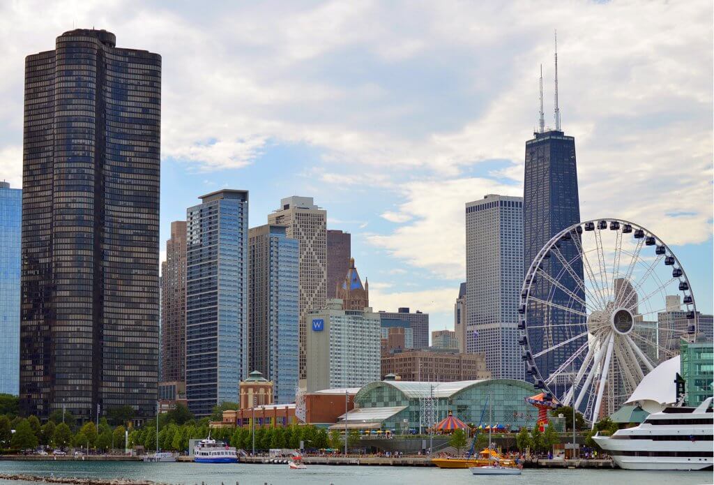 chicago skyline from the water with the navy pier ferris wheel in front of the willis tower