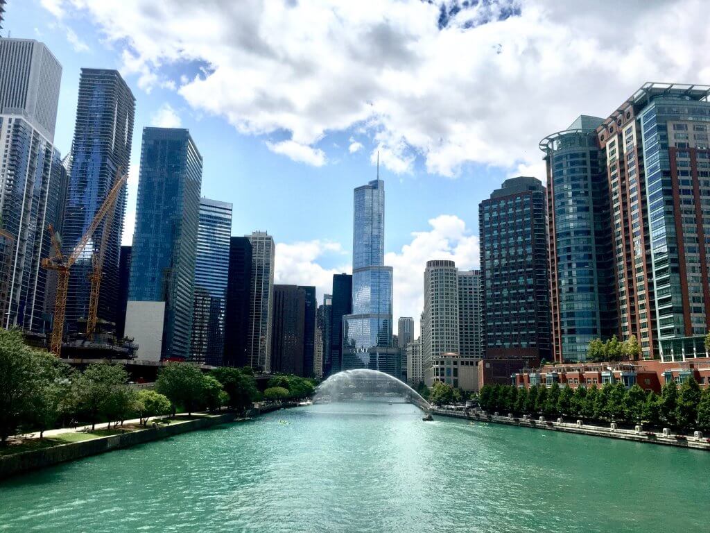 chicago river with blue green water on a sunny summer day