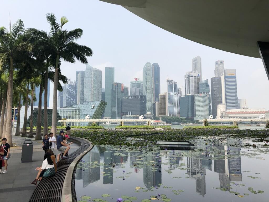 people sit along a small pond with the singapore skyline in the background