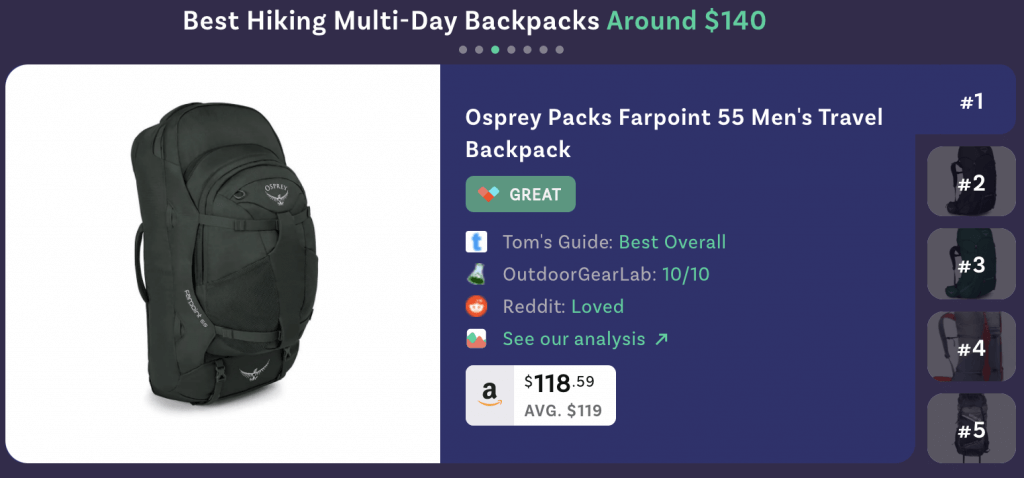screenshot of lustre chrome extension results for hiking backpacks