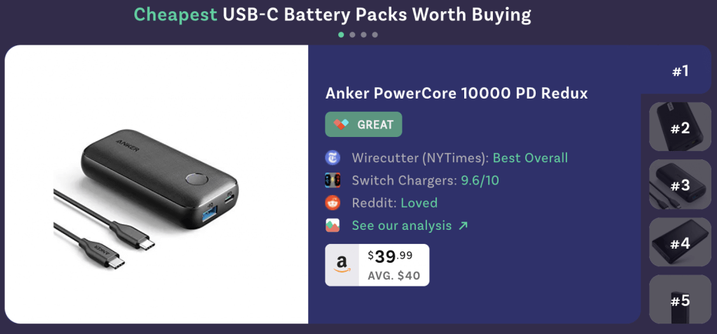 screenshot of lustre chrome extension results for rechargeable battery packs