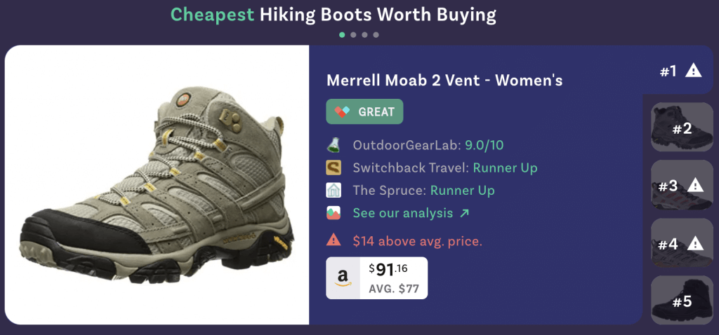 screenshot of lustre chrome extension results for hiking boots