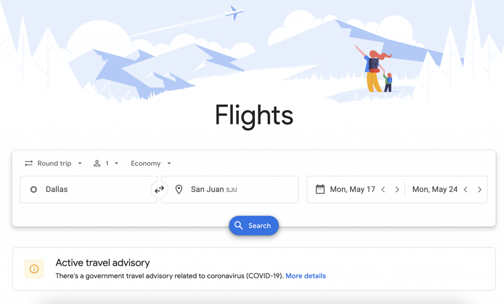 Google Flights homepage