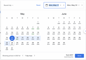Google Flights calendar view