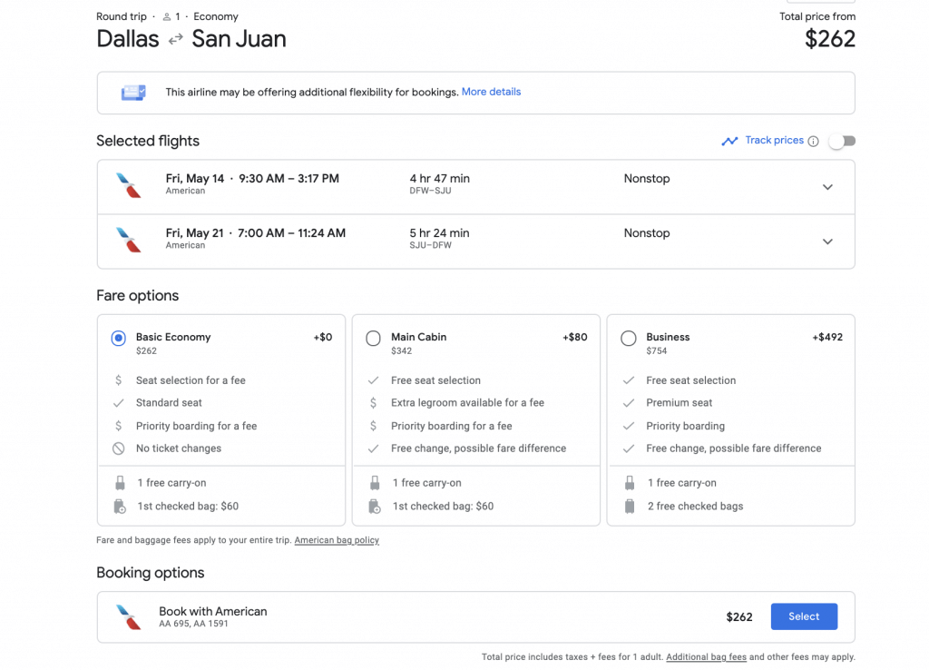 Google Flights booking page