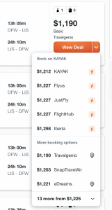 Kayak.com cheap flight search results