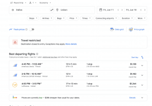 screen shot of google flights search results