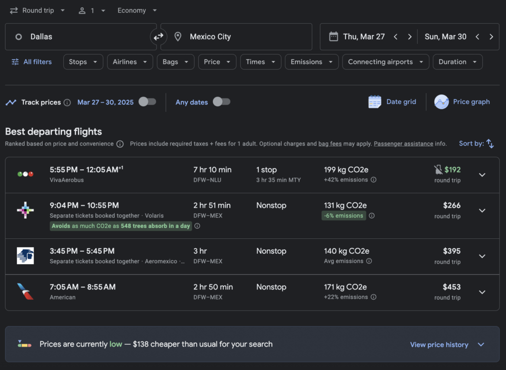 Google Flights shows you how current prices compare to the average to help you determine if you've found a good deal