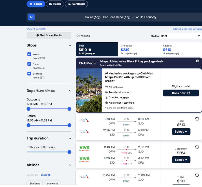 After clicking on a destination that interests you, Skyscanner will show you the best, cheapest, and fastest flight options. Select your flight, then you’ll be redirected to an OTA or airline website. Skyscanner acts as a convenient airline flight price predictor, helping you make informed decisions.