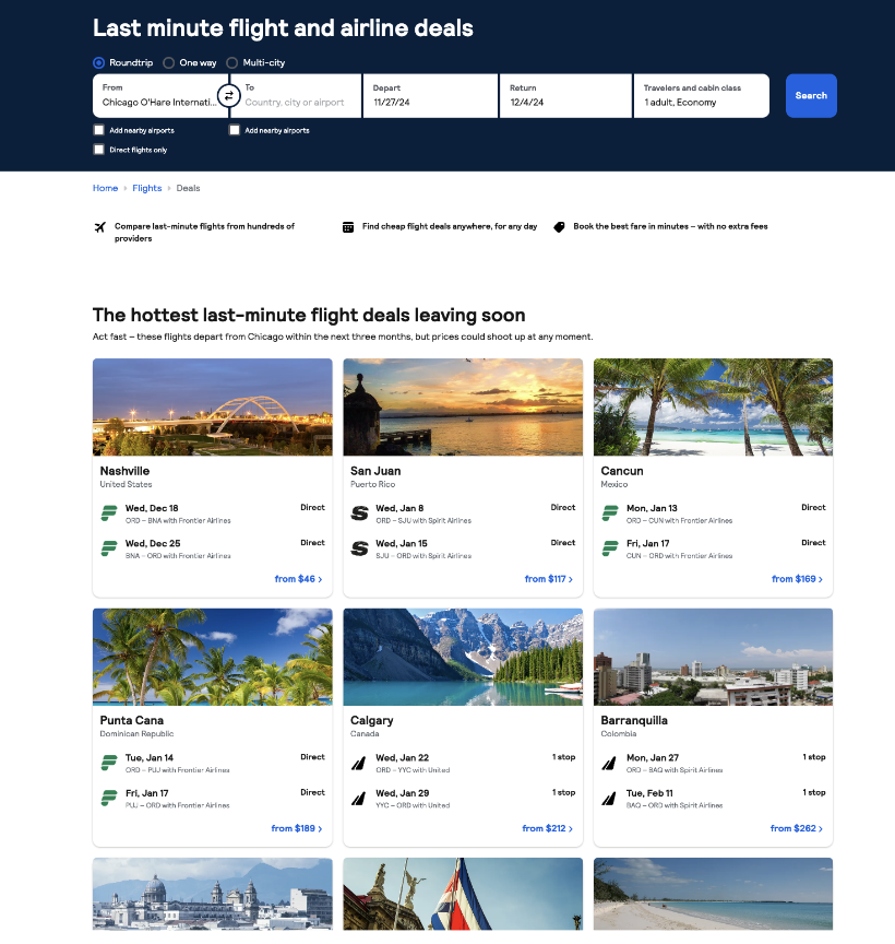 Another excellent Skyscanner tool is their last-minute deal tool. Similar to the everywhere tool, this feature shows the best deals available from your home airport in the next 1–3 weeks. It’s also helpful when evaluating Skyscanner’s value as an airline flight price predictor​ for spontaneous trips.