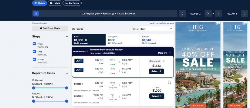 Skyscanner’s price alert tool is quite simple to use. Let’s say we want to fly from LAX to Paris for the 2025 French Open.