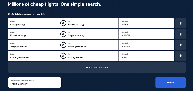 Skyscanner quickly shows bundled flight options, often including data that makes it an intuitive airline flight price predictor​. With filters for nonstop-only flights, flight duration, and departure times, you can tailor your multi-city journey for convenience and cost savings.