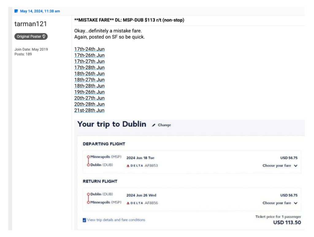 error fare example, mistake fares, dollar flight club