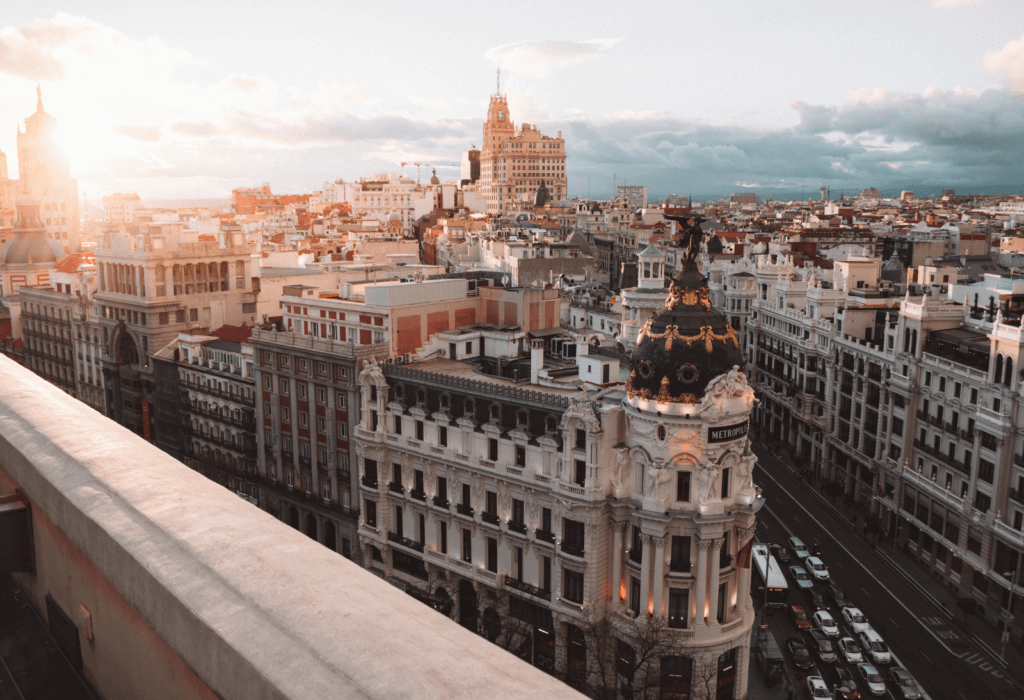 bird's eye view of Madrid, one of the Cheapest European Cities to Fly Into