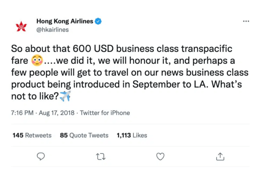 example if an airline mistake fare from hong kong airlines | dollar flight club