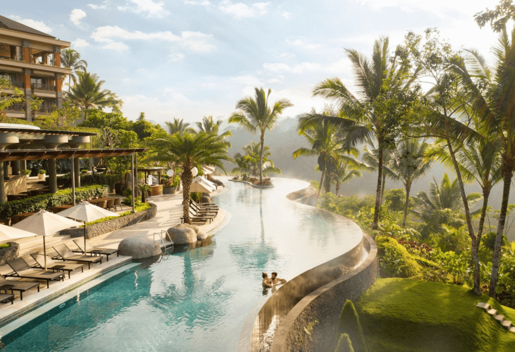 a beautiful infinity pool with palm trees