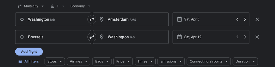 Booking an open jaw ticket is simple, especially if you’re booking on codesharing airlines. These tickets often price similarly to roundtrip tickets with multiple day layovers​ and can be found on platforms like Google Flights. Let’s again look at our Washington → Amsterdam → Brussels → Washington itinerary.