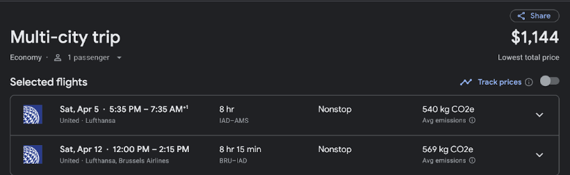 While we’re using the multi-city tool, this is an open jaw flight because we are not booking a flight between Amsterdam and Brussels. This is an easy itinerary as United Airlines flies direct from Washington to both cities.