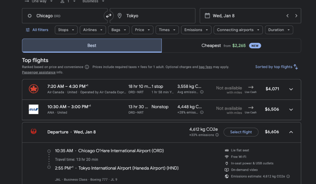 Skiplagging for business class flights | Here’s a one-way business class flight from Chicago to Tokyo on Japan Airlines.