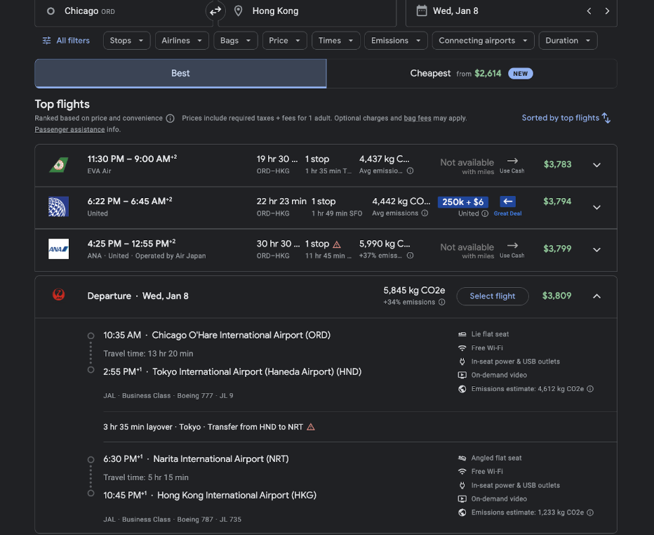 Skiplagged for business class | if we search flights from Chicago to Hong Kong, we see flights are significantly cheaper