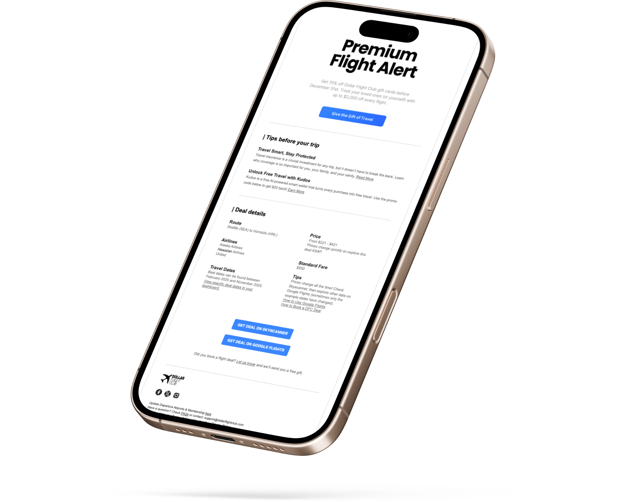 Dollar Flight Club iPhone Email Alert Hero Image